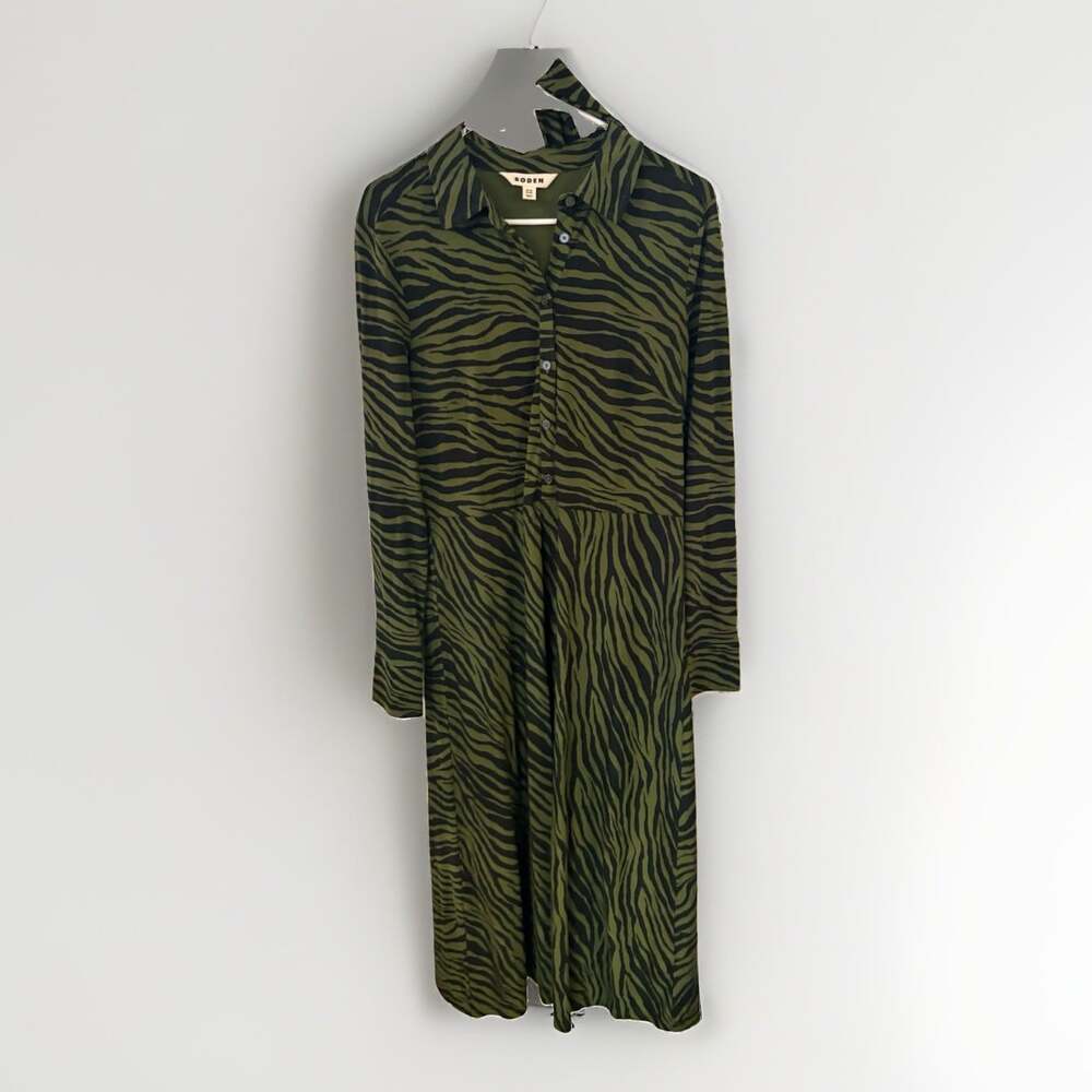 Boden Green Zebra Jersey Button Front Midi Belted Dress Women's Size 10 Retro